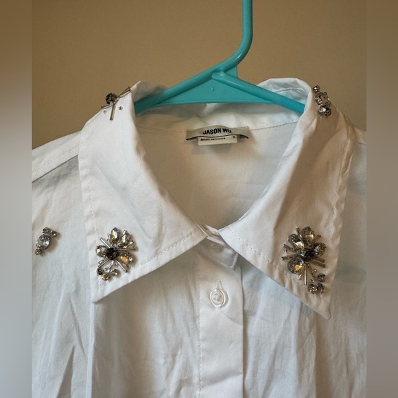 NWT Jason Wu White Button-Up Crop Shirt with Jewel Bead Details - Picture 3 of 11